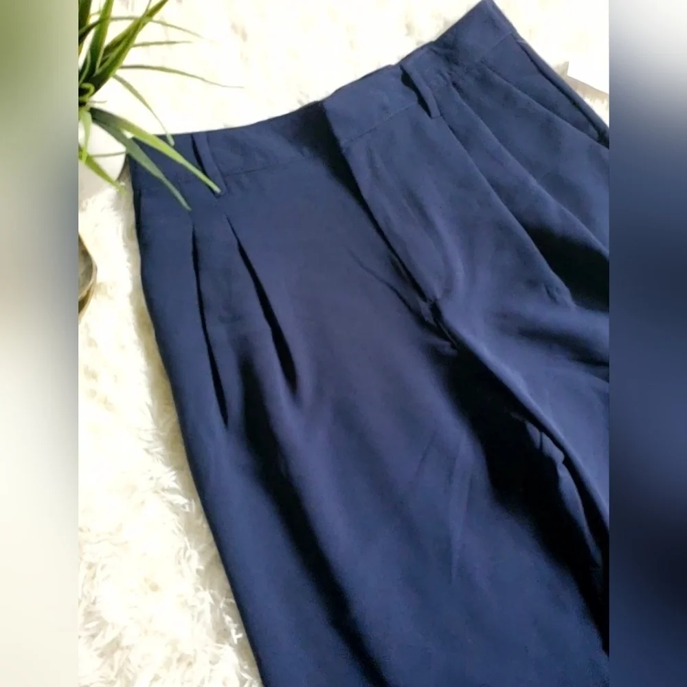 GAP Easy Crepe Drapey PLEATED Navy Blue Loose Straight Pants Size 12 TALL RT$80